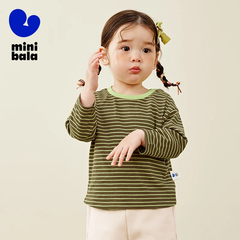 Mini Bala Long Sleeve T-Shirt for Boys and Girls 2024 Autumn Pure Cotton Striped Contrast Color Top