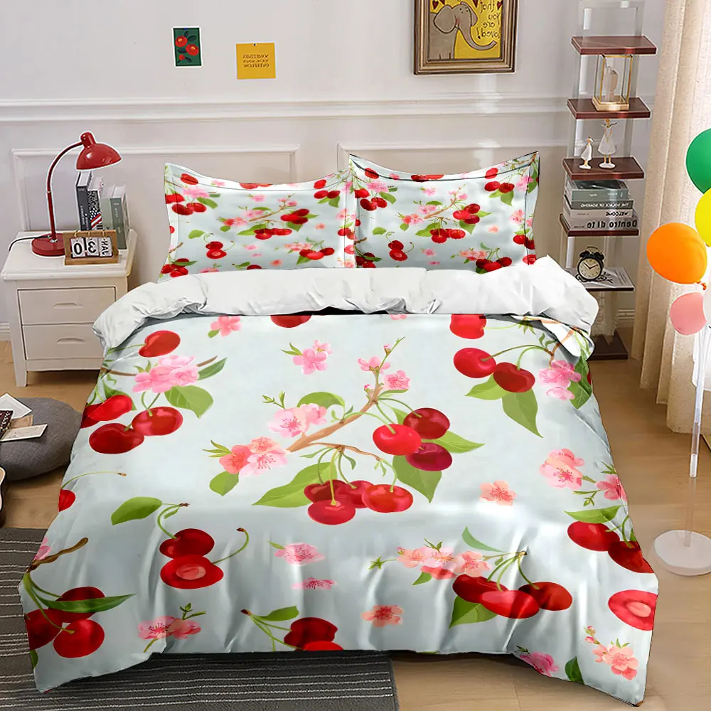 Beautiful cherries and pink blossoms Print Bedding set 3PC 1 duvet cover 2 pillowcases adult and children bedding set Luxury