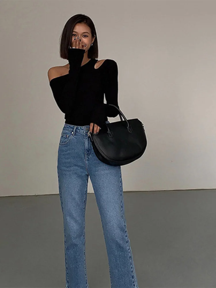 Mode Skew Kraag Off-shoulder Lange mouwen T-shirts Vrouwen Lente Nieuwe Solid Slim Fit Crop Top Sexy Hollow out Tees Shirts