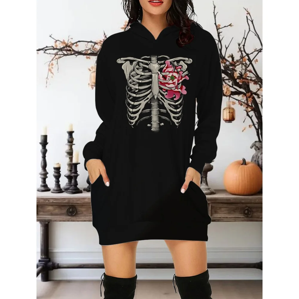 2024 New In Autumn Women Hoodies&Sweatshirts Dress Gothic Skull And Rose All Saints\' Day Clothes oversize Hoodie Short Dress