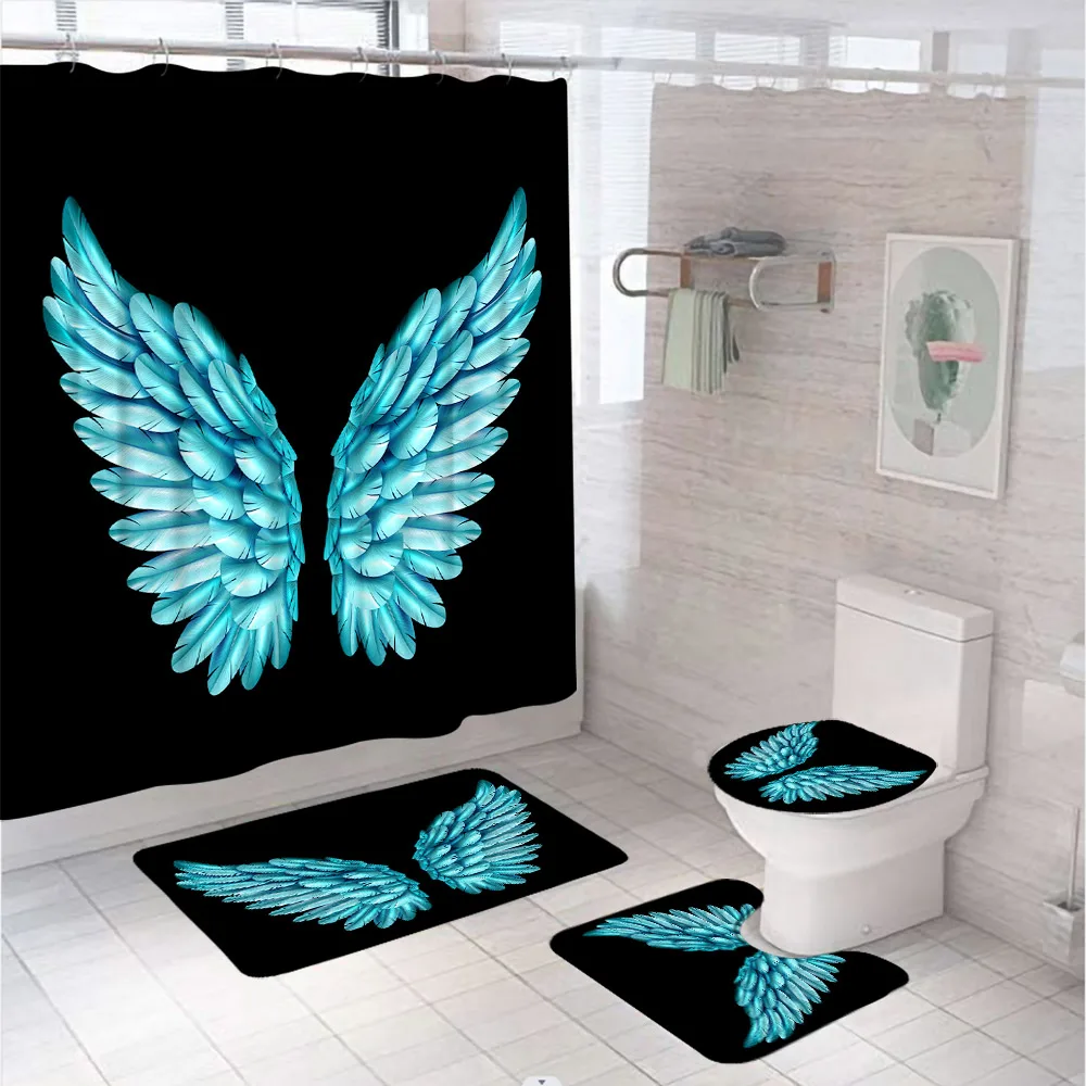 4Pcs Angel Wings Bathroom Shower Curtain Set Fantasy Blue Starry Sky Feather Flannel Rug Toilet Lid Cover Bath Mat With 12 Hooks