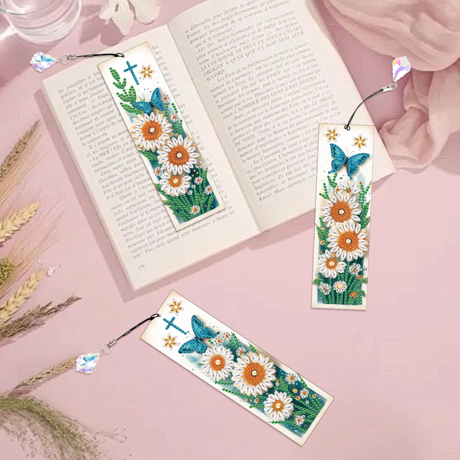 3 szt. Diamentowe zestawy do malowania zakładki dla początkujących, mała stokrotka zakładka Bling kryształowy wisiorek zakładki do domowego biura prezent