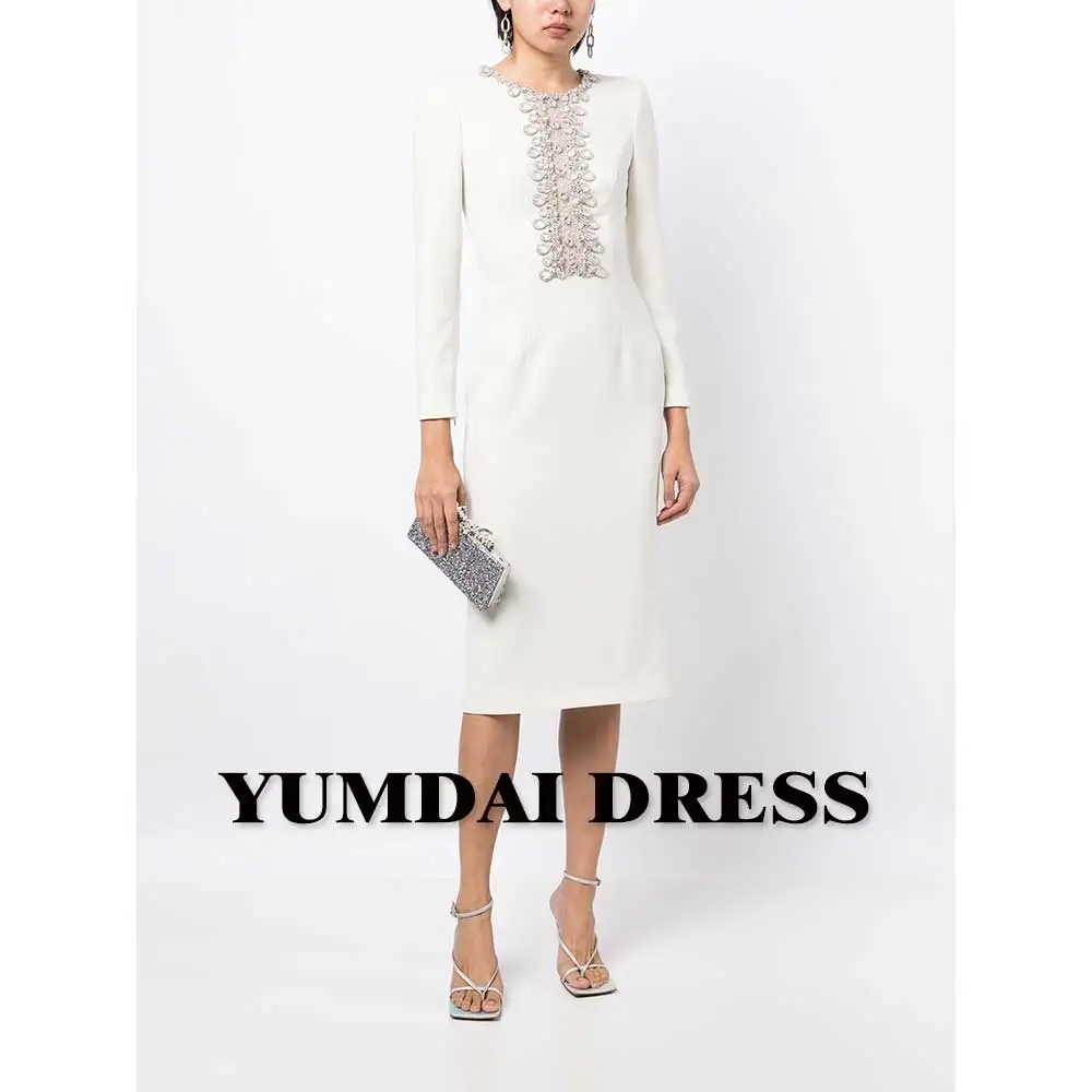 YUMDAI Rhinestone Luxury Women's Party Dress High-end Formal Crew Neck Mom Dress White Temperament Evening Dress PROM Midi Gown