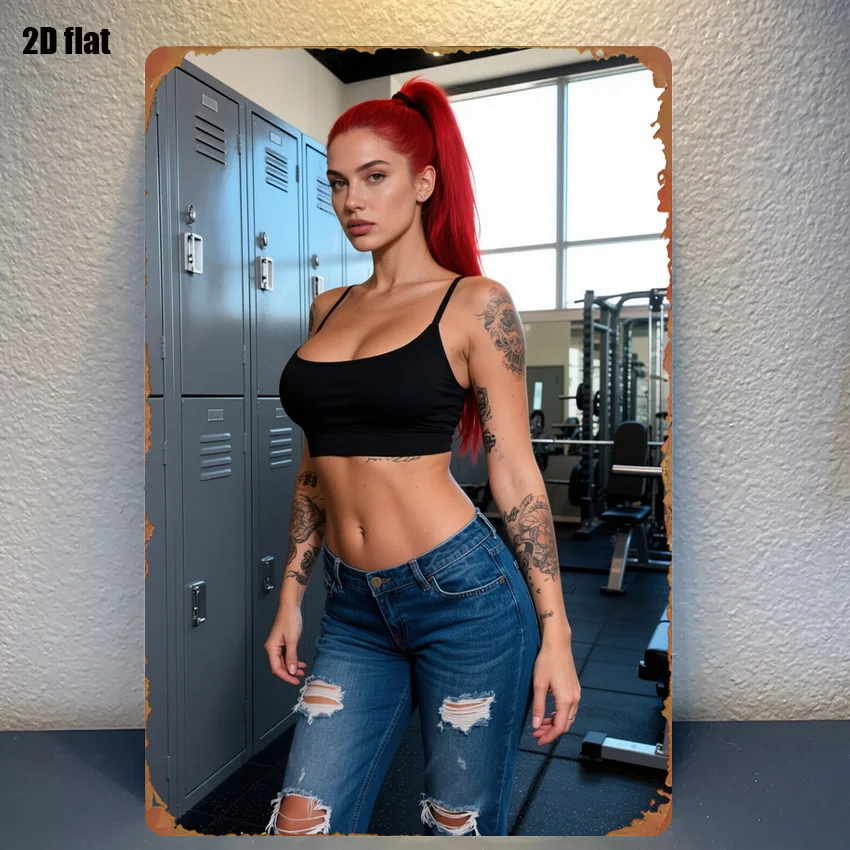 EANME Metallschild „Rothaarige Frau Tattoo“ – Ästhetische Wandkunst für Fitnessraum, Wohnzimmer, Spielzimmer, 20x30 cm