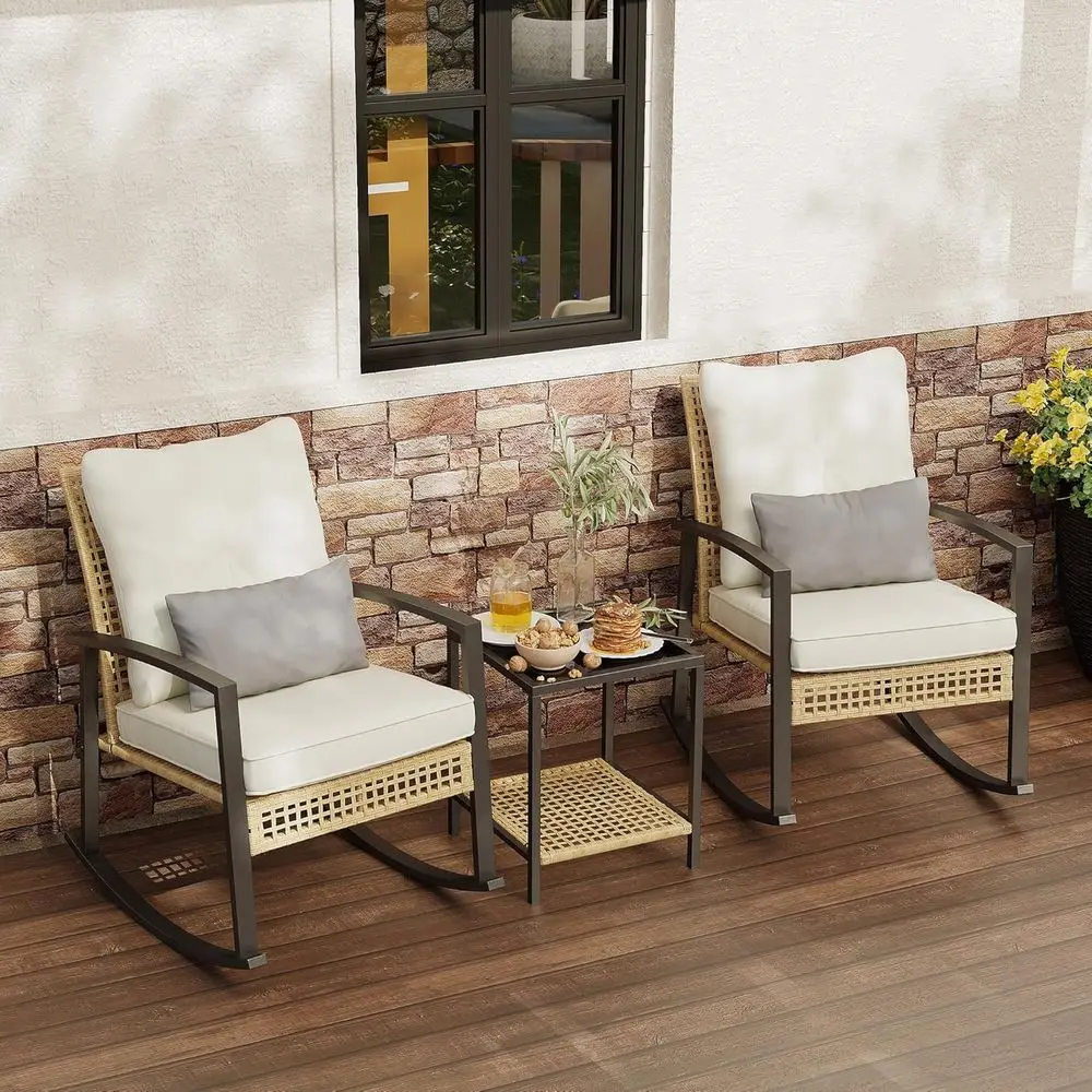 

3-Piece Outdoor Rocking Chair Set with Glass Table and Cushions for Patio, Garden, or Poolside (Beige)