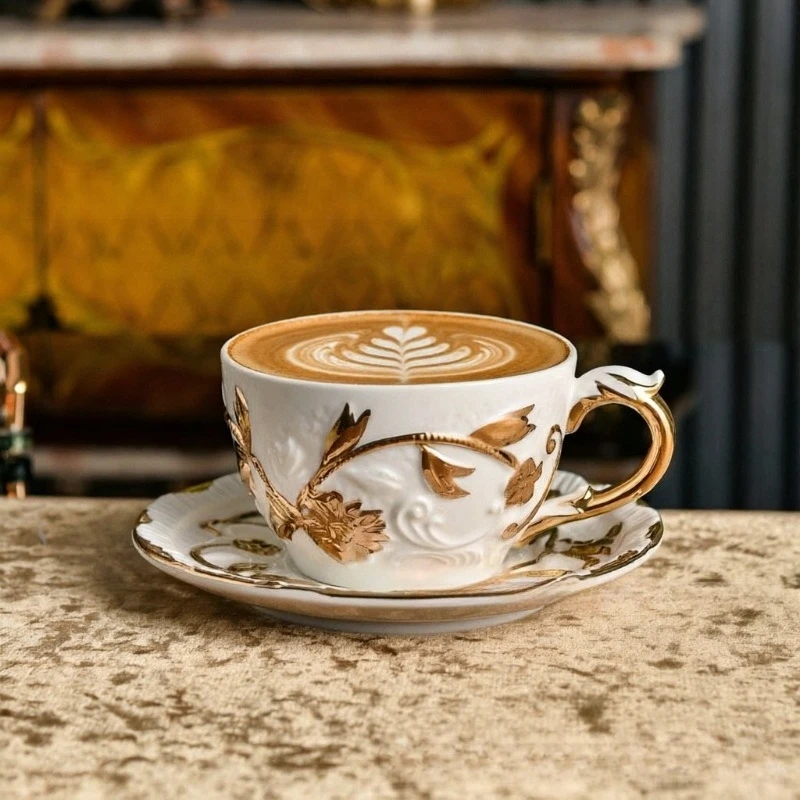 Villari Style Raised Relief Gold Trim Porcelain Coffee Cup Teapot Creamer Sugar Bowl Set Luxury Afternoon Tea Gift Box