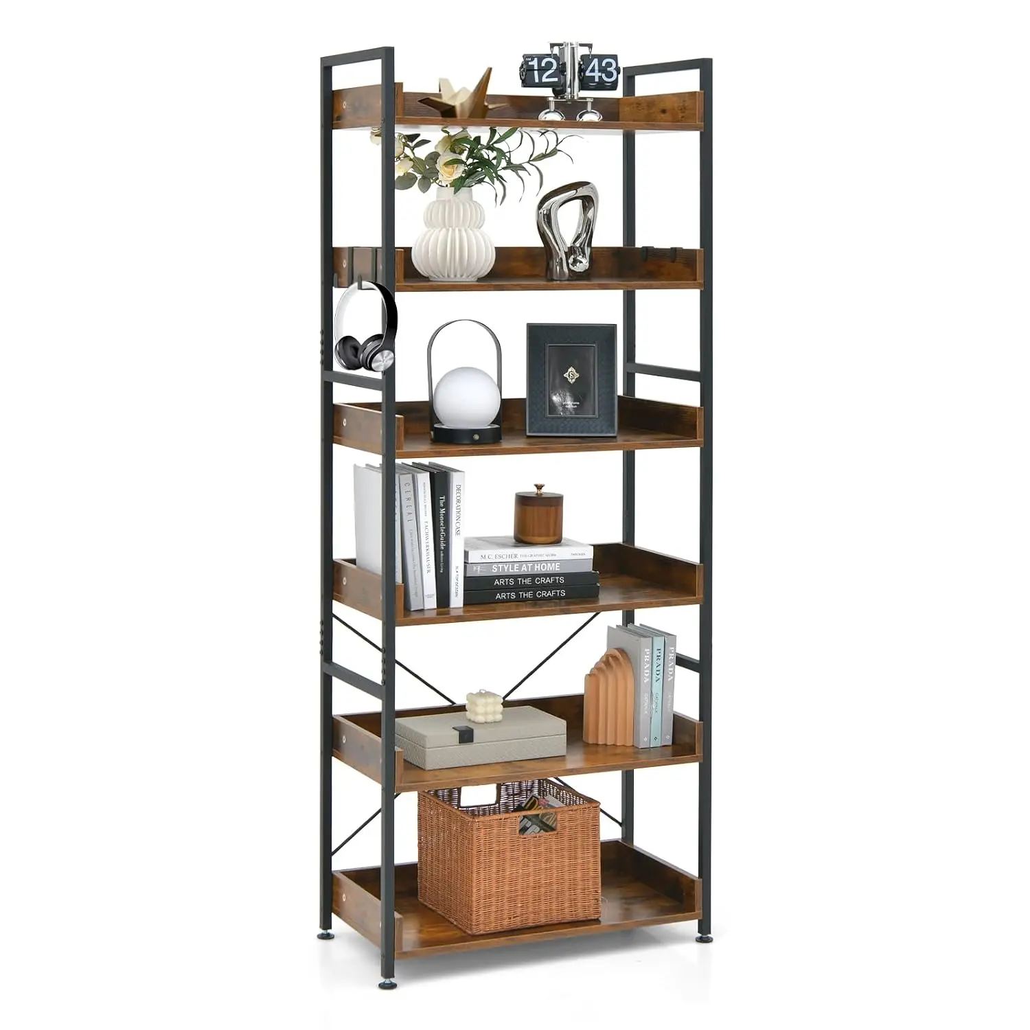 

6-Tier Bookshelf 70" Tall Storage Shelves Metal Frame Vintage Display Rack Living Room Balcony Kitchen 4 Hooks, Customized