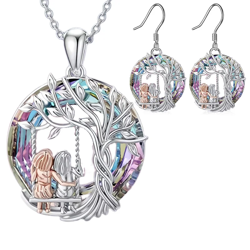 European and American Fashion Sisters and The Tree of Life Pendant Necklace Earrings Sets  Anniversary  Women's Jewelry Set Gift