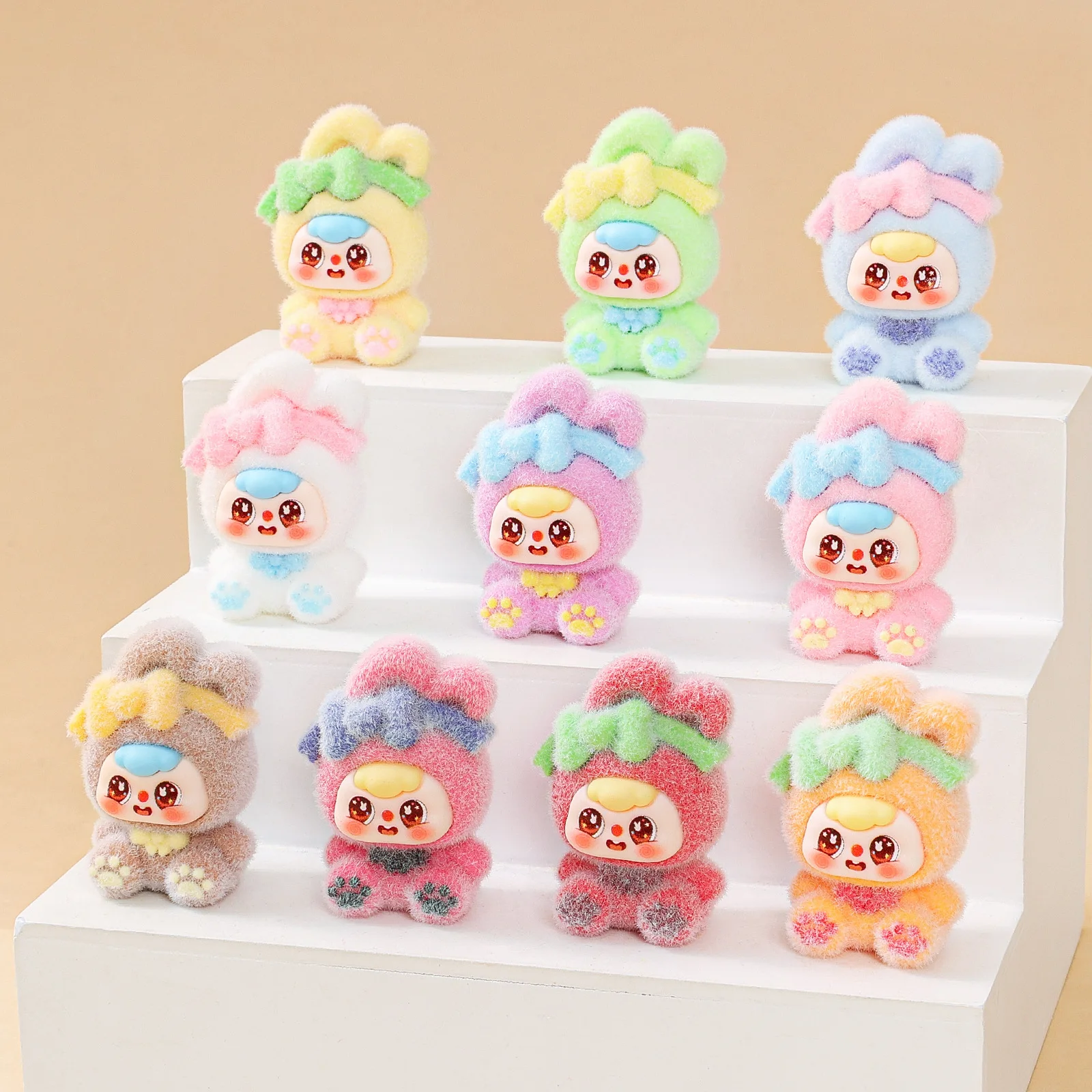 

10 pieces of candy-colored bean-shaped bow-tie rabbit mini figurines with cute and adorable appearance, small decorative items.