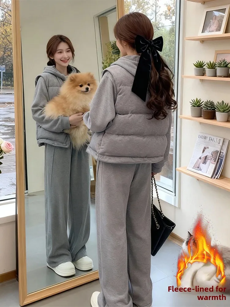 Winter 2026 Dames Los Sweatshirt Wijde Pijpen Broek Vest Tee Delige Set Fce Thi Casual Sportpak Lange Sve Rits