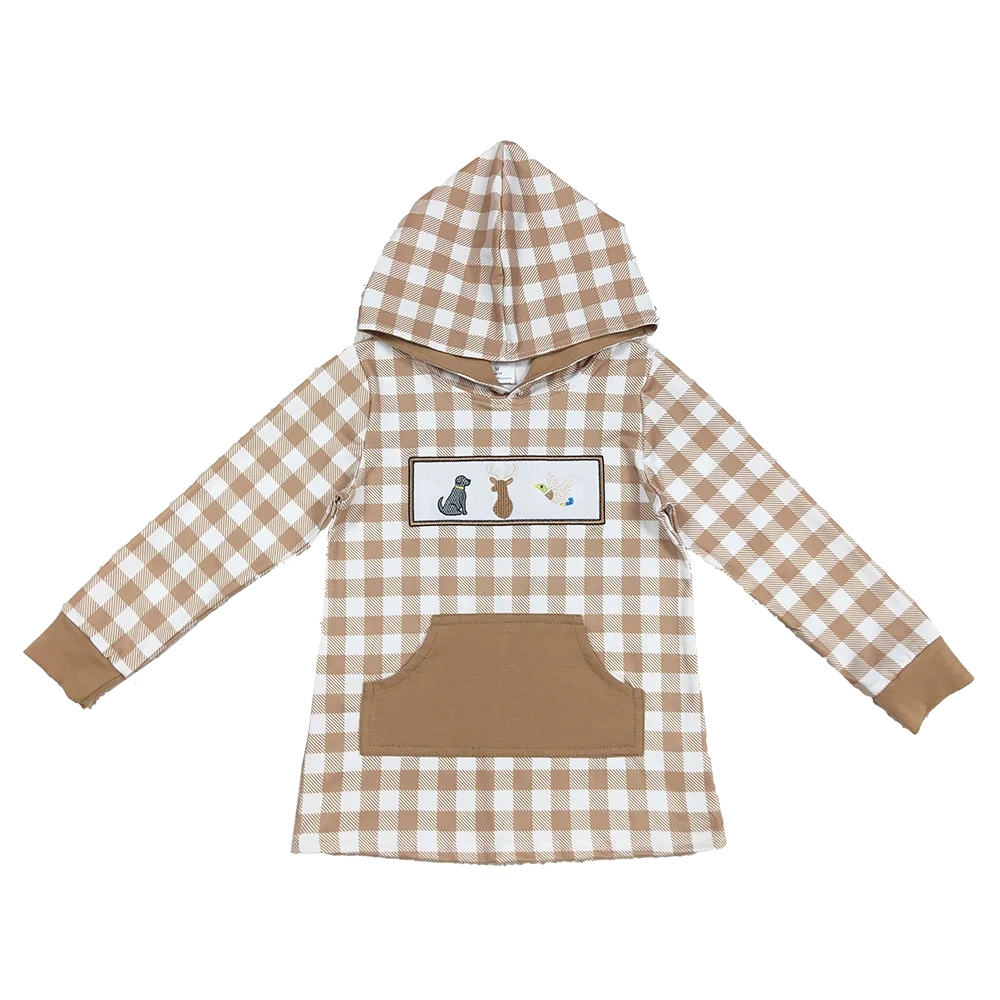 

9.22 Wholesale Hot Sale Western Boutique children clothing Embroidery Dogs Deer Ducks Baby Boys Khaki Plaid Pocket Western Hoodi