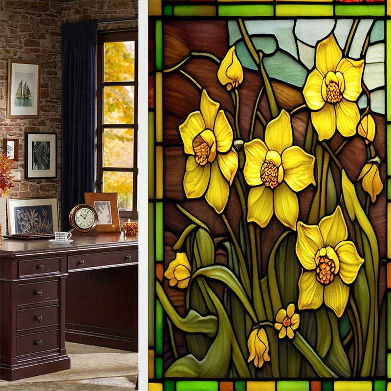 Kleurrijke Retro Bloem Vogel Glasfolie PVC Elektrostatische Glasstickers Gebrandschilderde Glasfolie Statische Cling Frosted Glass Film