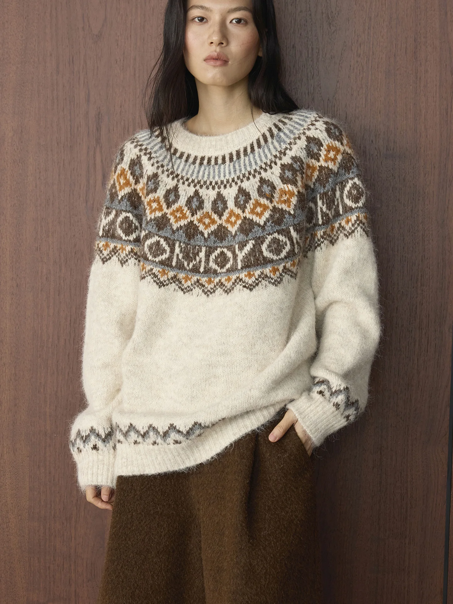 

Новый зимний корейский шерстяной свитер в этническом стиле в стиле ретро, свободный топ с круглым вырезом для женщин