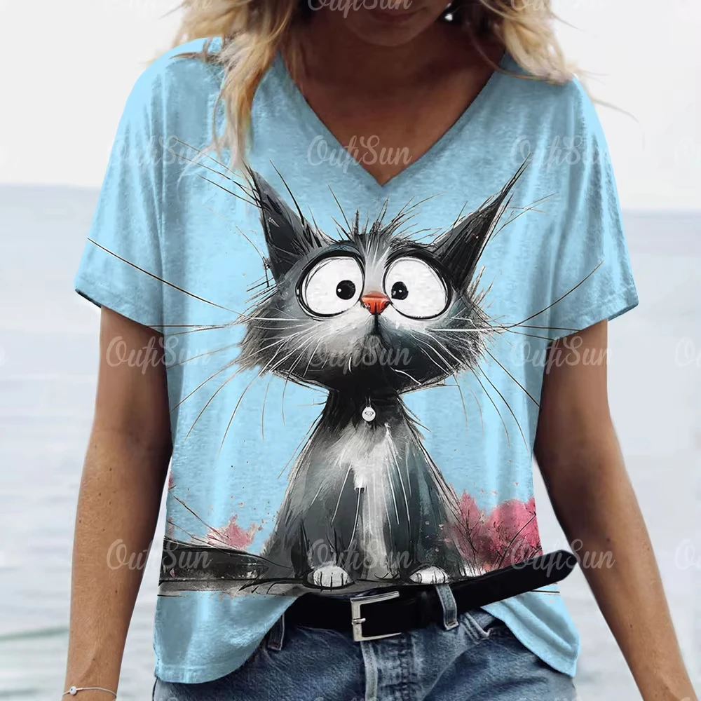 Women's T Shirt Cute Cat 3d Print T-shirt Women Fashion Casual Short Sleeve T-shirts V-Neck Animal Tops Tees Summer tshirt New