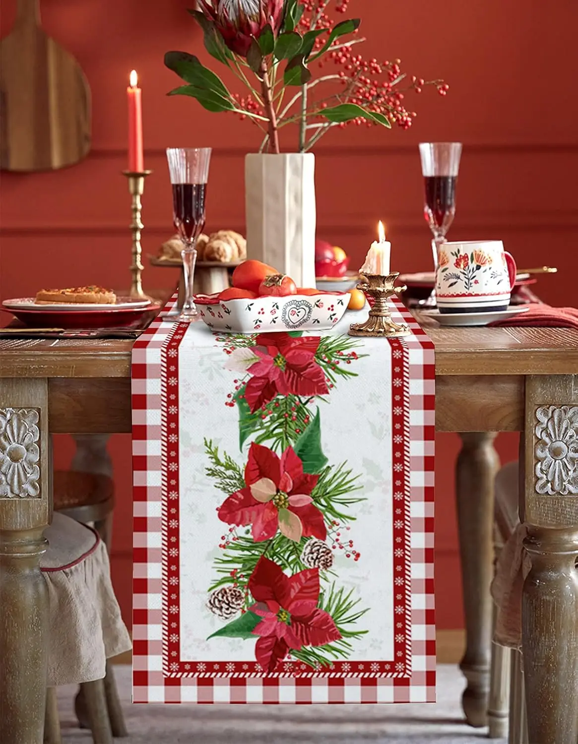 Christmas Poinsettia Pine Cone Berry Buffalo Plaid Linen Table Runner Winter Xmas Holly Leaf Snowflake Table Runners Table Decor