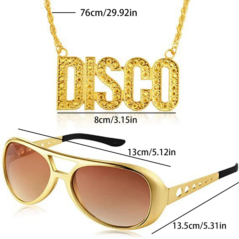 Disco Hip Hop Kostüm Set funky Afro Perücke Sonnenbrille Schnurrbart Stick Brief Friedens zeichen Halskette für 50/60/70s/80er Jahre Themen party