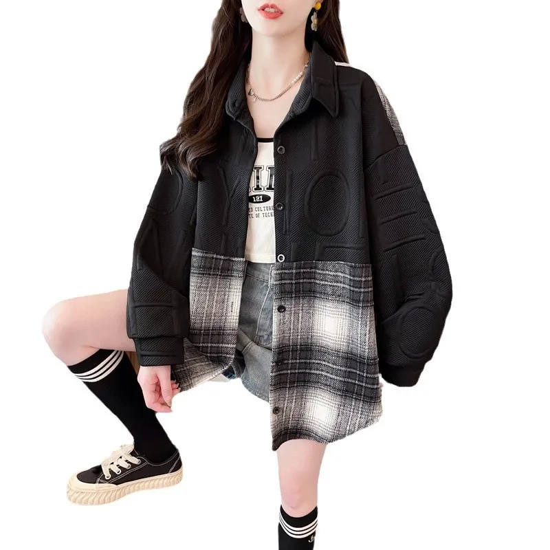 Splicing Shirt Jacket for Women in Spring and Autumn New Korean Style Loose Mid Length Cardigan Retro Casual and Stylish Versa