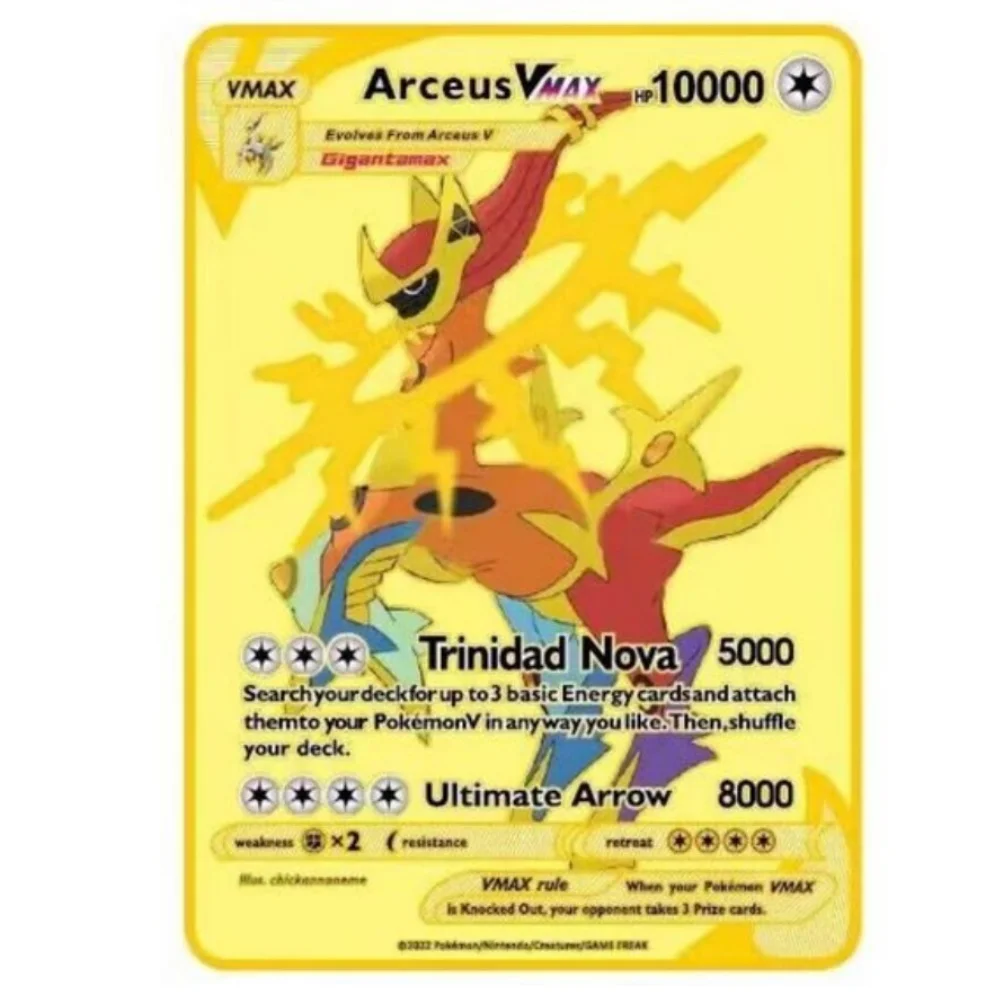 Arceus-Tarjetas de metal de pokemon vmax de 10000 puntos, pikachu, charizard, edition limitada dorada, regalo para niecos, tarjet