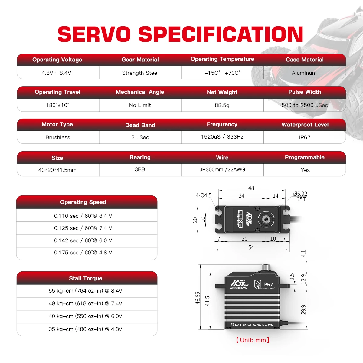 Agfrc a86bhmw a81bhmw 55kg 45kg magnetisches wasserdichtes ip67 bürstenloses digitales rc servo für rc auto crawler boot – Detail 4