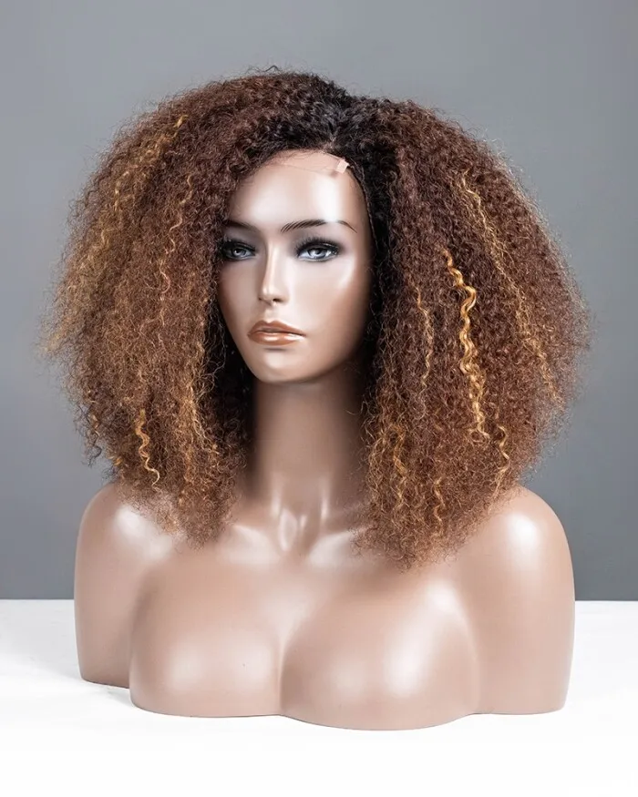 

Afro Curly Brown Mixed Blonde Wig Short 4x4 Lace Front Wigs