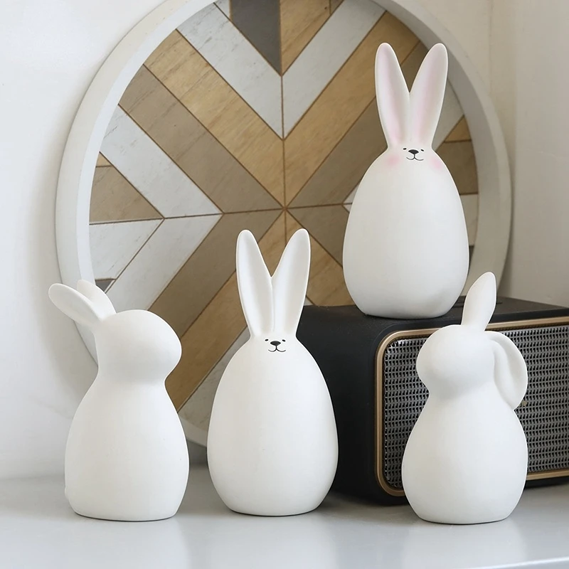 Cute Ceramics Rabbit Figurines Kawaii Hare Bunny Garden House Animal Ornaments Easter Home Room Decoration Hand Painting Embryo