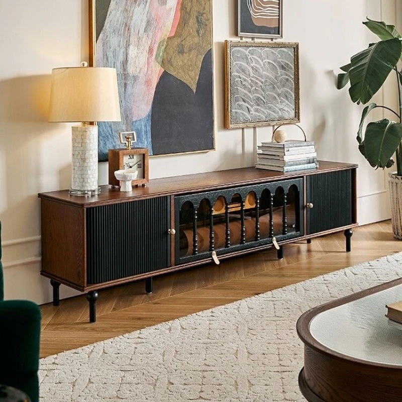 

Solid wood coffee table TV cabinet black small apartment living room floor locker furniture