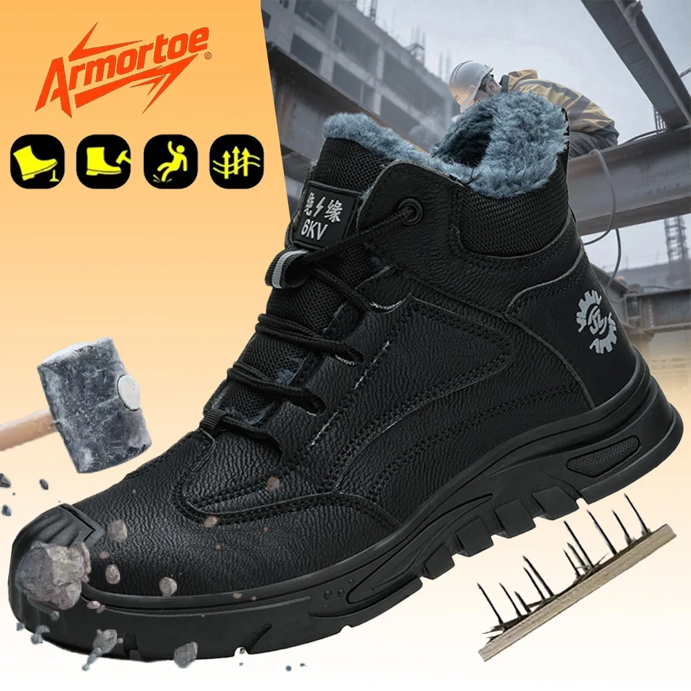 

ArmorToe Winter Fleece Lined Steel Toe Safety Shoes Men High Top Anti-Impact Puncture Proof Thermal Work Boots #Armor2771