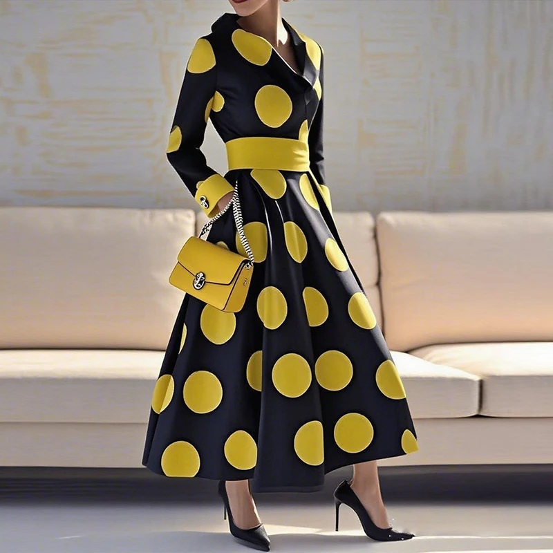 Modigirl レディース 1950年代 ヴィンテージ 水玉模様 オードリー風 ロングドレス 2025年秋 長袖 パーティー カクテル エレガント マキシドレス