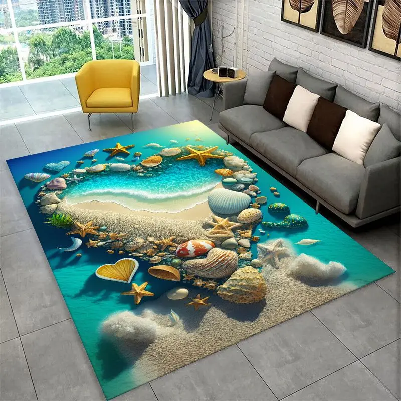 Tropical Beach Starfish Shell Sea Star Large Area Rug Non-slip Carpet for Bedroom Living Room Sofa Doormat Home Decor Floor Mat