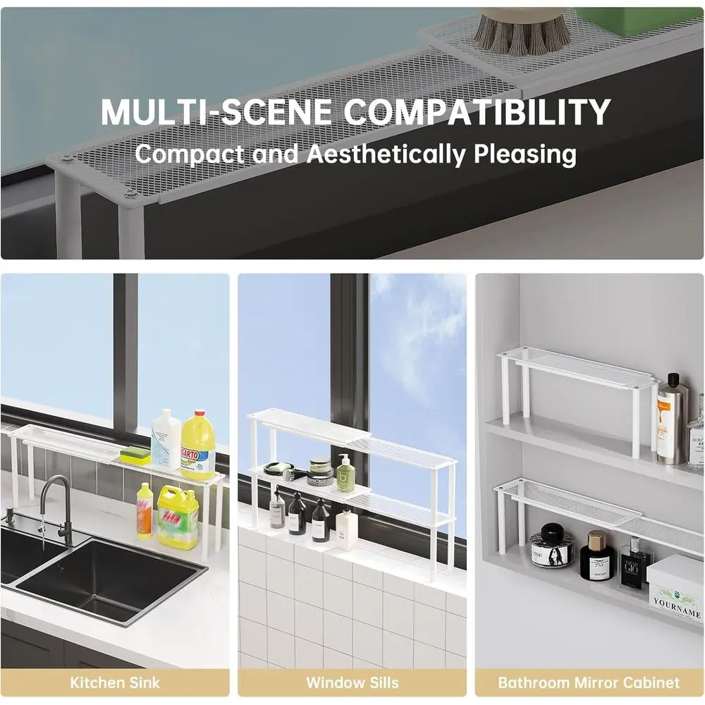 Stackable Mesh Plant Shelves for Kitchen Sink, Expandable Countertop Organizer, 2 White Narrow Holders