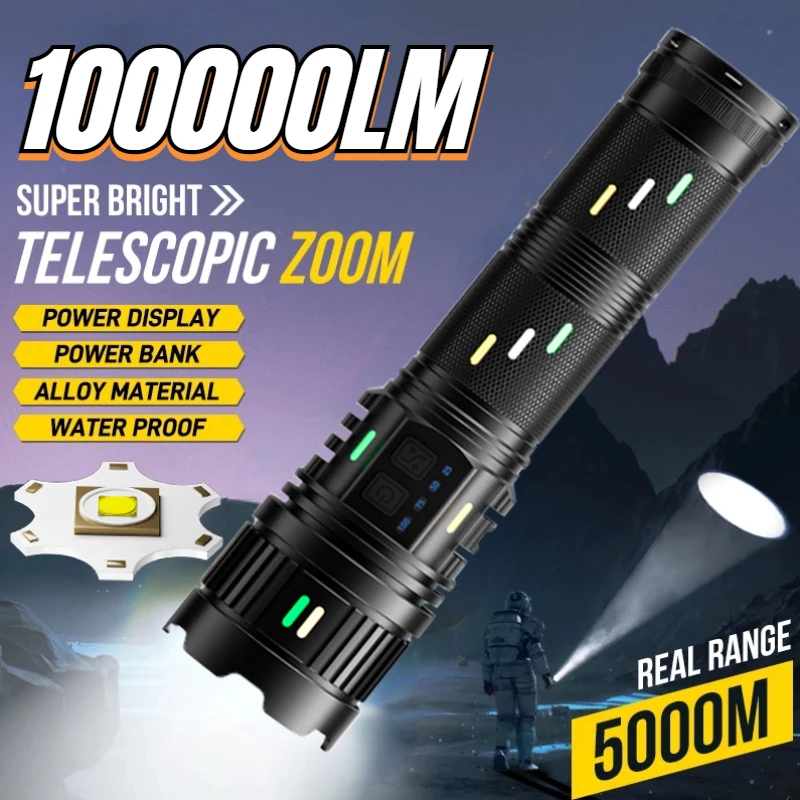 

High Power White Laser Flashlights Telescopic Zoom Waterproof Rechargeable LED Aluminum Alloy Torch Outdoor Long Range Lantern