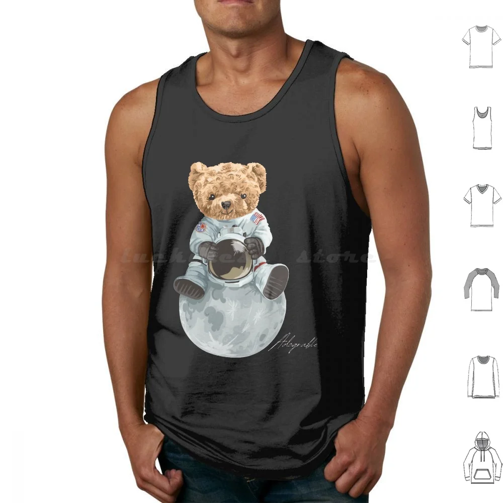 Cute Astronaut Bear On The Moon-Adograble Astronaut Tank Tops Print Cotton Bear Teddy Bear Basketball Baron Bear