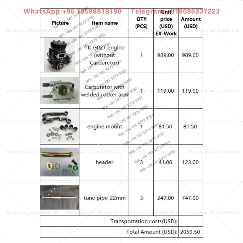 TK-GP27 engine + Carburetor with welded rocker arm + engine mount+ 3*header + 3*tune pipe