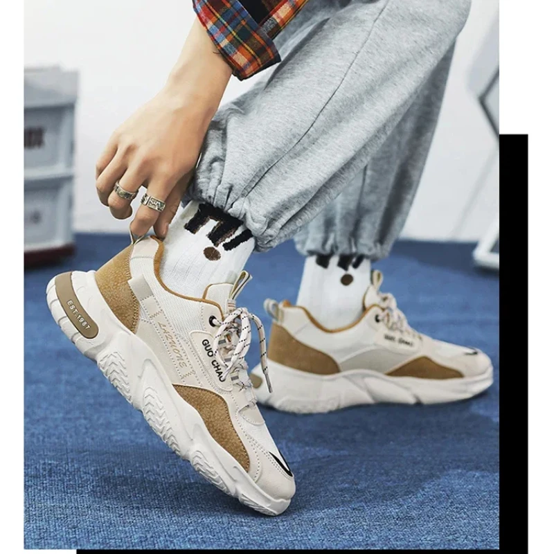 

Summer Breathable Thick Sole Increase Soft Lace-up Leather Surface Stitching Comfortable Mesh Men's Shoes Casual Sports Shoes