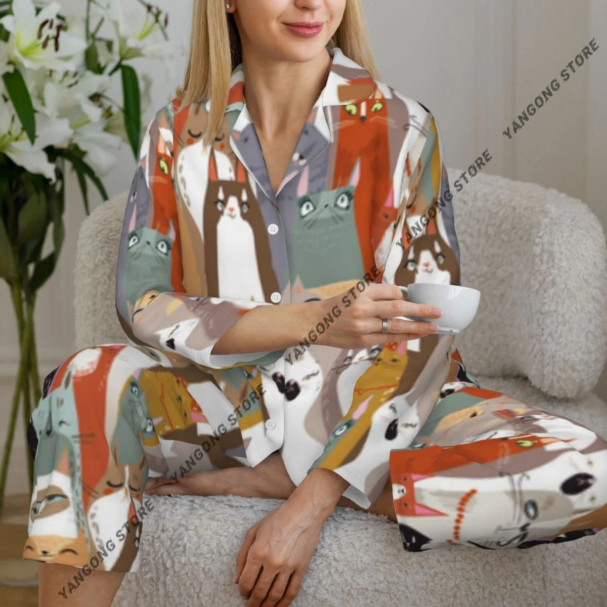 

Spring and Autumn Long Sleeve Pants Pajamas Loungewear Set Funny Cartoon Cats Illustration Women's Pull Edge Loose Sleeping Suit