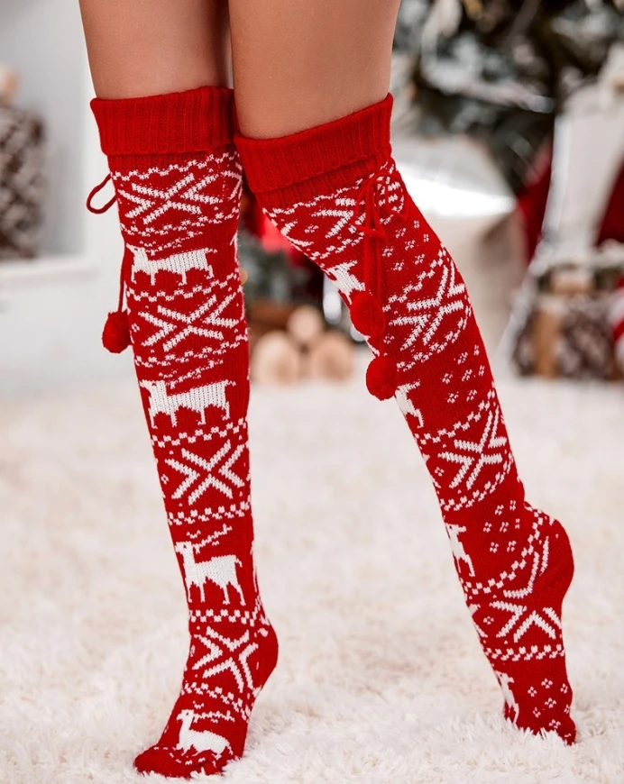 

1Pair Christmas Women Stockings Autumn Spring Snowflake Pom Pom High Over Knee Length Socks Comfortable Warm Thick Long Socks