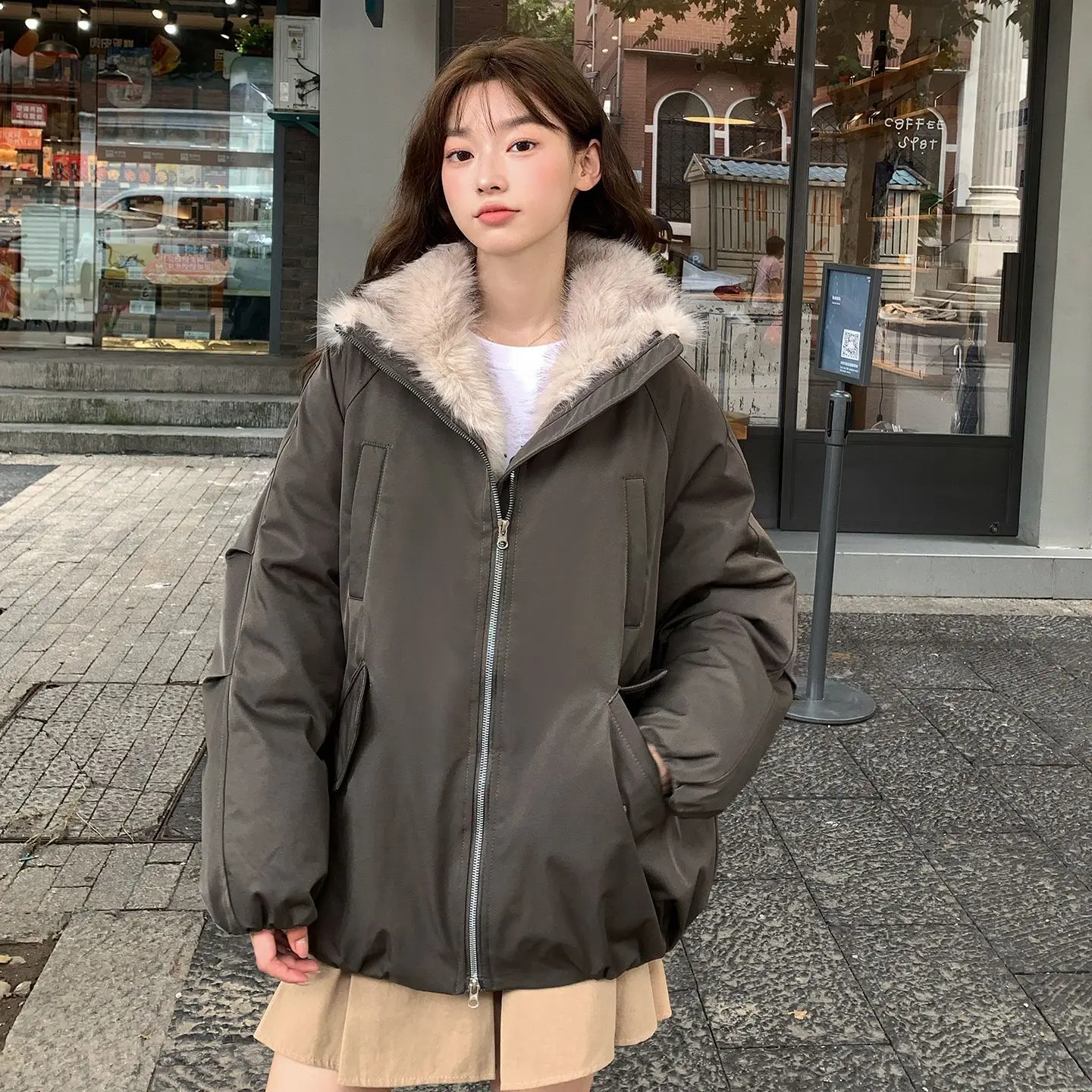 American Retro Style Long Sleeve Short Hooded Parkas Women Pure Color Vintage Coat Zipper Faux Fur Collar Jacket 2025 Winter