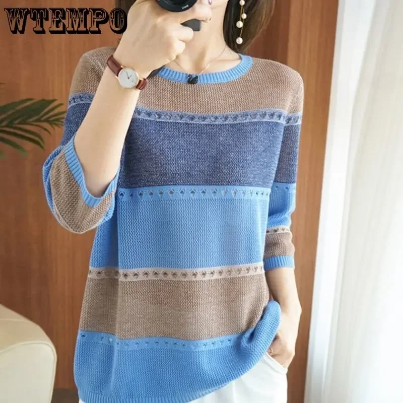 WTEMPO Summer Women Knitted Short Sleeve Lightweight Sweater Female Hollow Out Turtleneck Pullover Ladies Loose Knit Jumpers