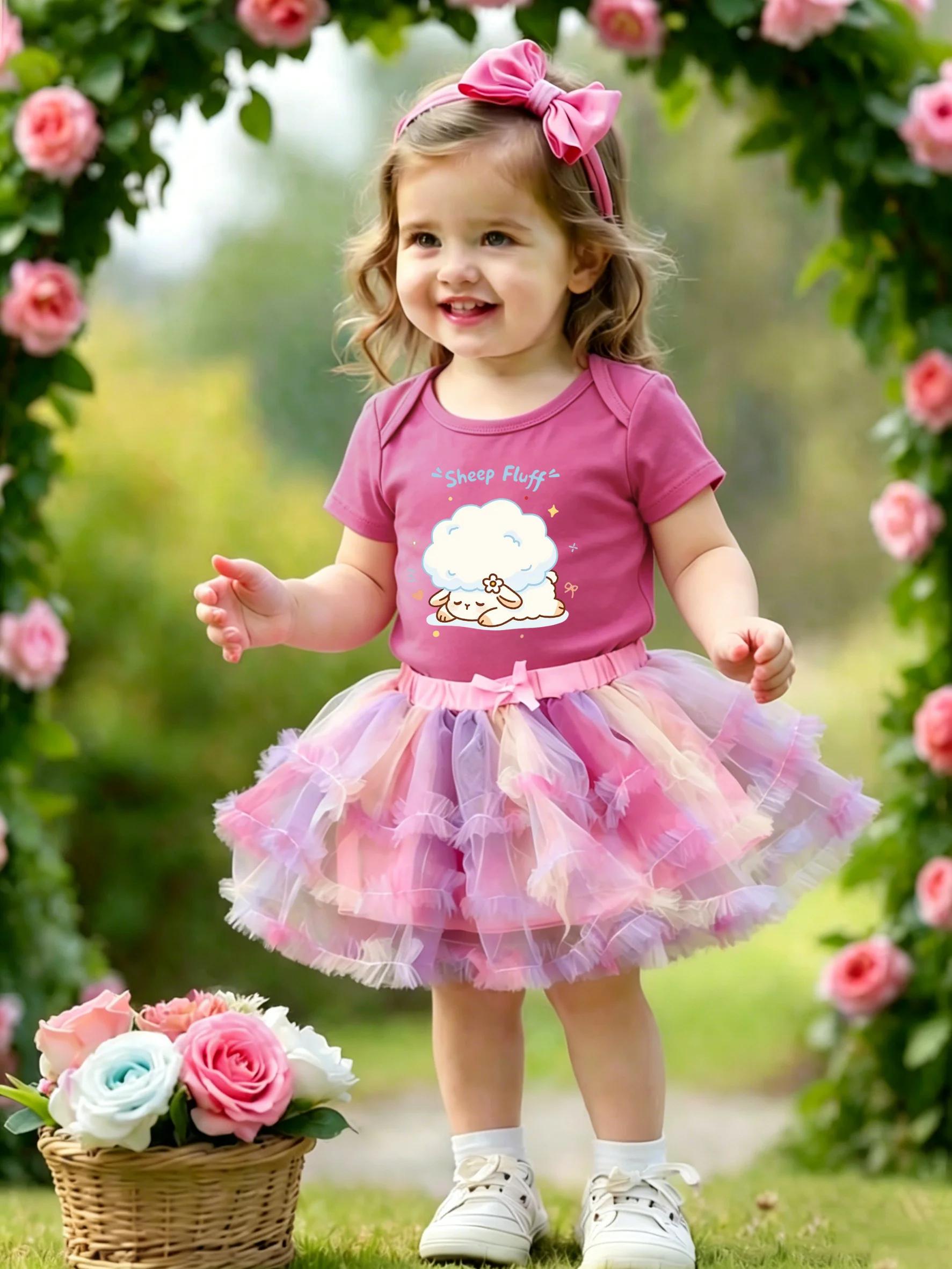 

Cozy Sleeping Sheep Print Girls Short Sleeve Top, Sweet Gradient Tulle Tutu Skirt Set