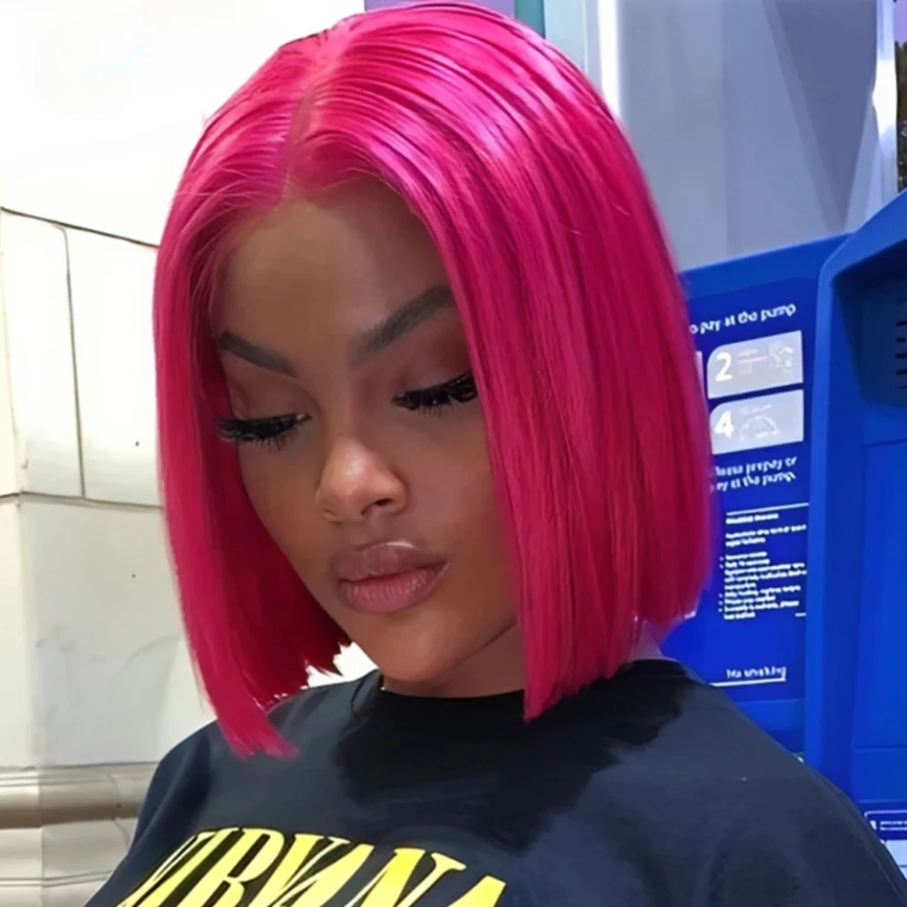 Hot Pink Colored Bob Wig Human Hair 13x4 Straight Lace Frontal Wigs 150 Density Pre Plucked Transparent Lace Bob Wigs for Women