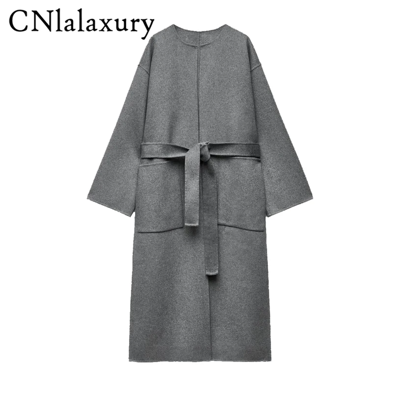 2024 New Autumn Winter Wool Coat Women O-Neck Woolen Coat Female Casual Gray Wool Coat Long Sleeve With Belt Long Overcoat