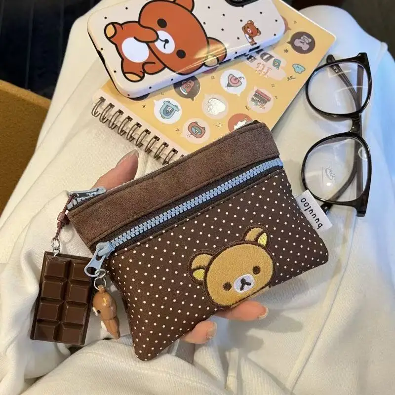Image of Neue japanische Original Rilakkuma Kosmetiktasche mit doppelter Schicht, Cartoon-Motiv, niedliche Tasche für Lippenstift und Kopfhörer, tragbare Münztasche, Aufbewahrungstasche