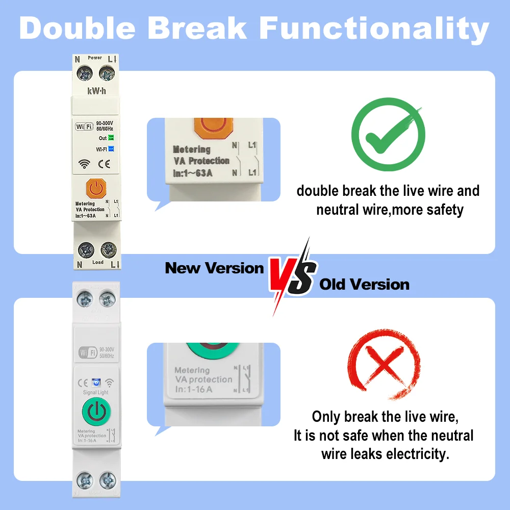 Manhot WIFI Smart Circuit Breaker 63A Double Break Current Voltage Power Energy kWh Meter Protector Timer Relay Remote Control