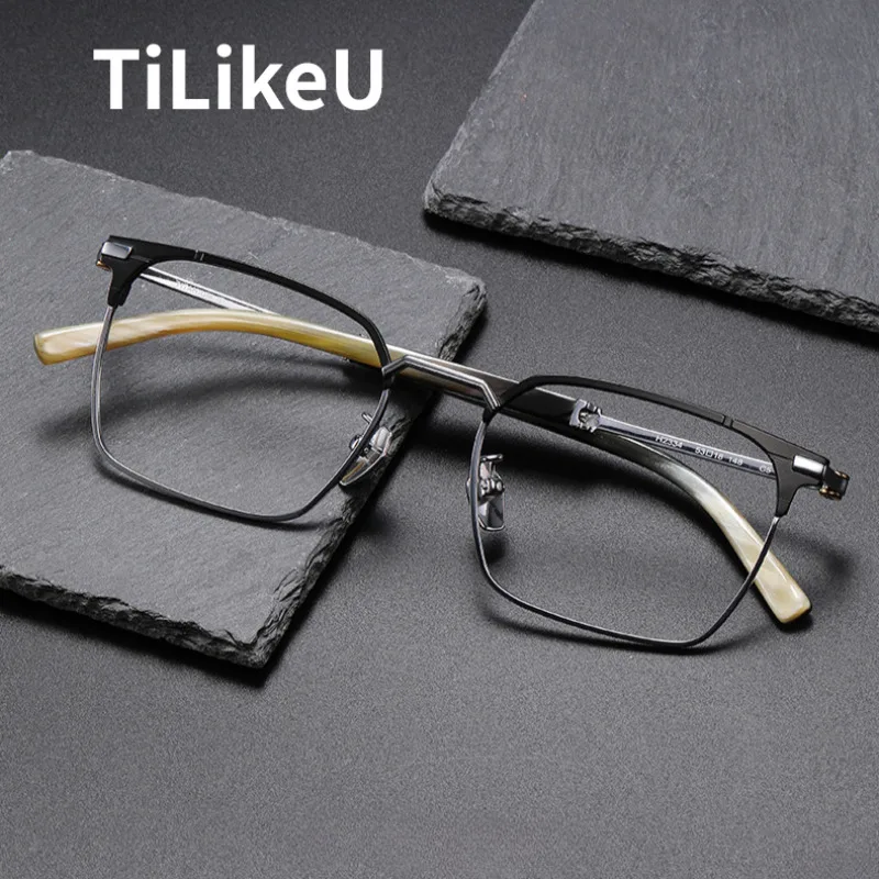 

Natural Ox Horn Titanium Frame Eyeglasses Men Business Full Rim Pure Titanium High-end Handmade Designer Prescription Glasses