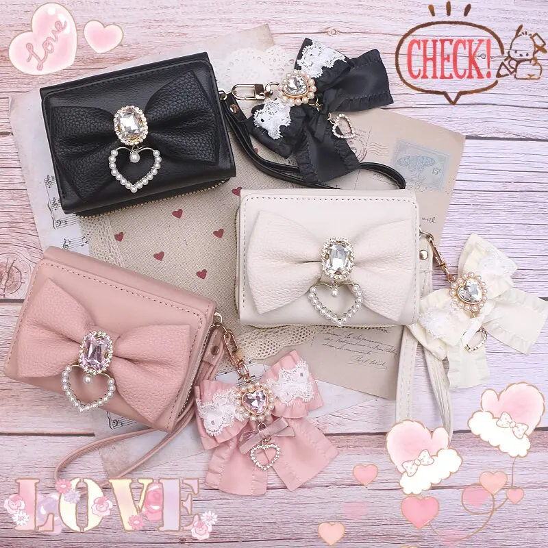 

Кошелек ручной работы с кружевом, стразами и бантом, вместительный, женский, в стиле Лолита, клатч