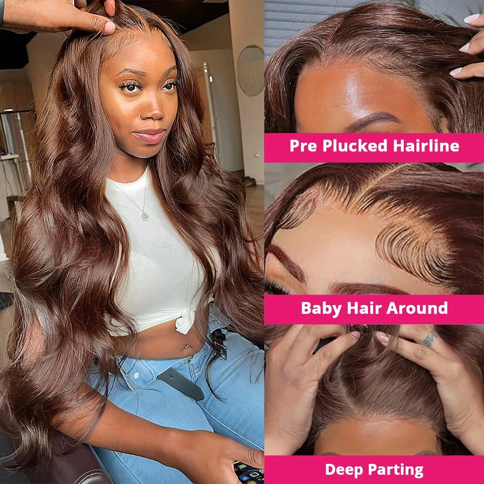 Perruque Lace Front Wig Body Wave Naturelle Sans Colle, Cheveux Humains, Brun Chocolat, 13x4, 13x6 HD, 4x4, pour Femme