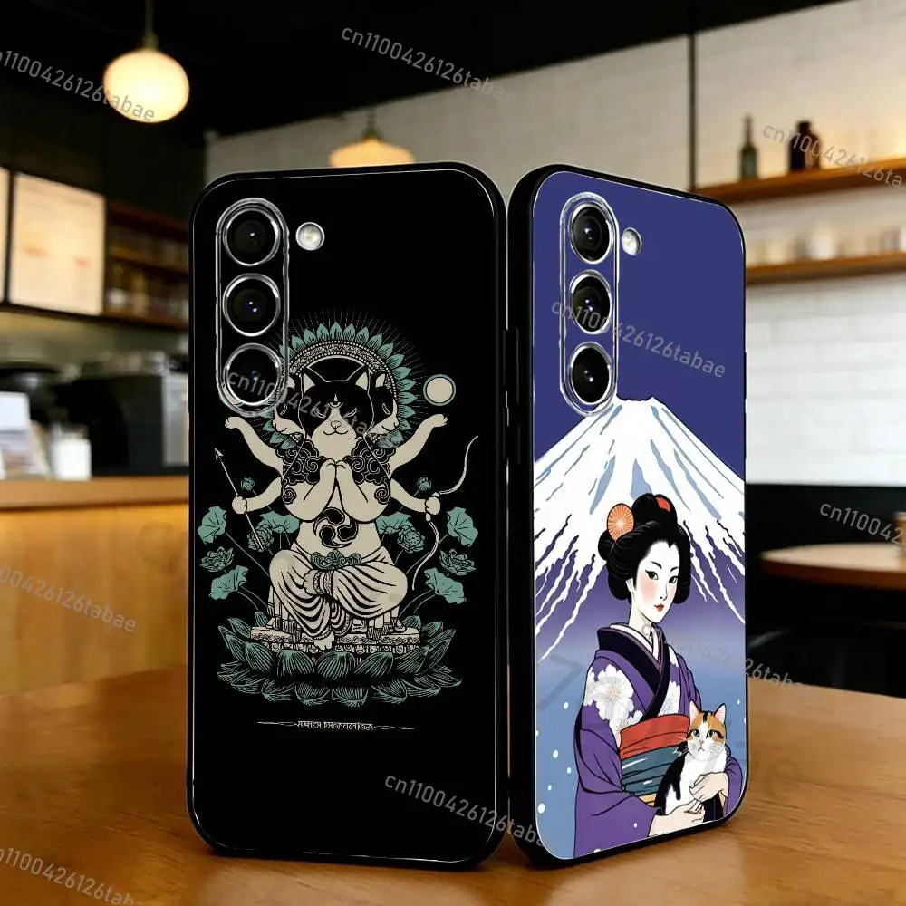 

Cool Japanese Kimono Cat Phone Case For Samsung S20,21,22,23,24,25,26 Ultra,Plus,Lite,FE,Black Soft Case