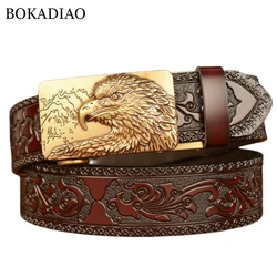 BOKADIAO Men Genuine Leather Belt Luxury Eagle Metal Automatic Buckle Cowhide Belts for Men Jeans Waistband Male Strap Black