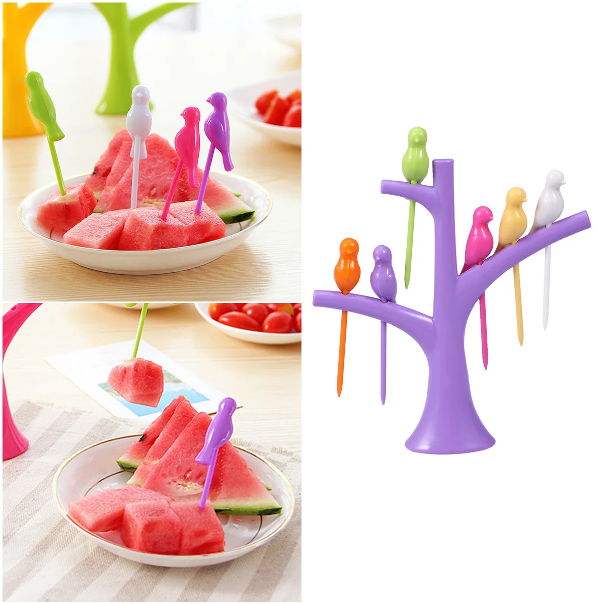

6PCS Bird Shaped Plastic Fruit Forks and 1PC Tree Shaped Holder Toothpick Fruit Tool for Party Home Decor (Purple)