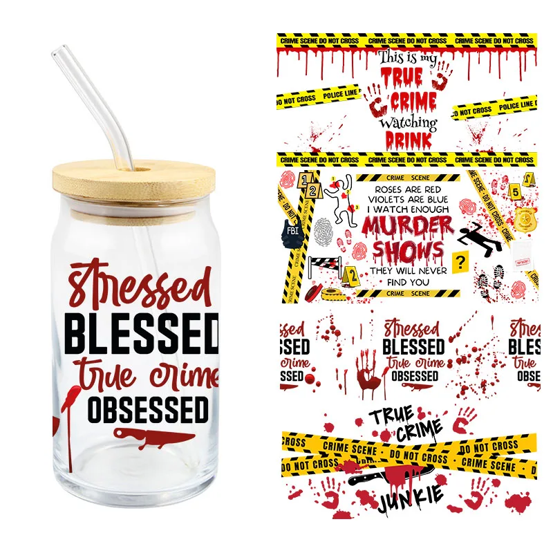 Uv Dtf Transfer Sticker True Crime  Diy Waterproof High Temperature Resistance Stnessed Blessed Obsessed For 16 Oz Glass Cups